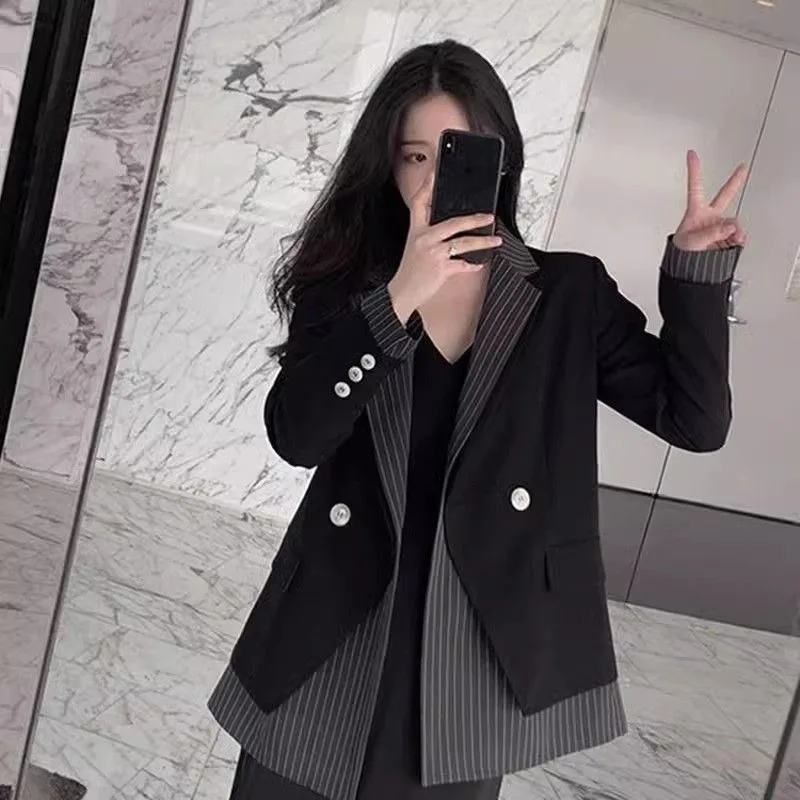 

Womens Ruffian Handsome High-end Two-piece Blazer Spring and Autumn Striped Personalized Suit Fashion British Korean Version New