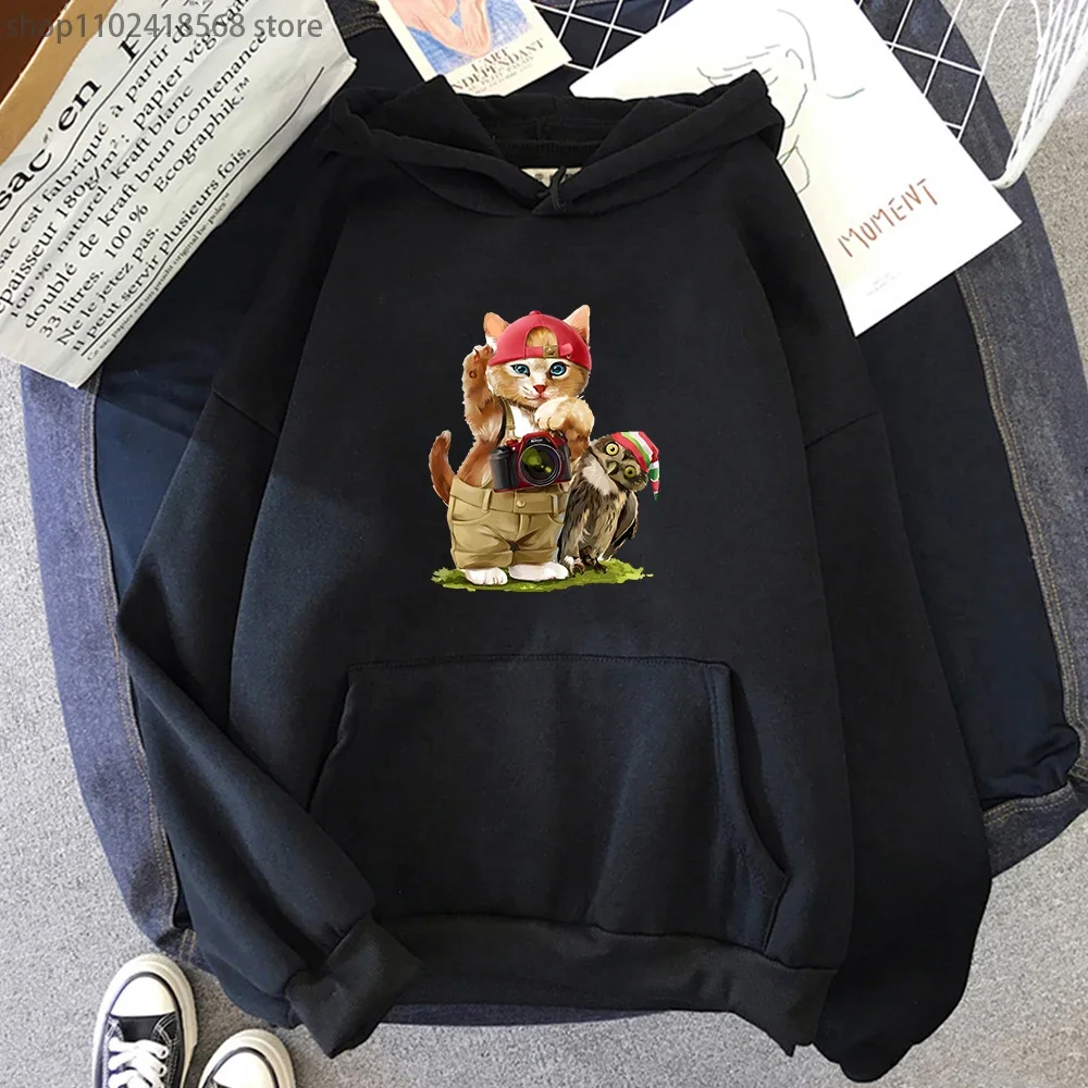 

Animal Cartoon Garphic Hoodies for Men A Cat and An Owl Sweatshirt Kawaii Women Clothing Male Long Sleeve Pullovers Y2k Clothes