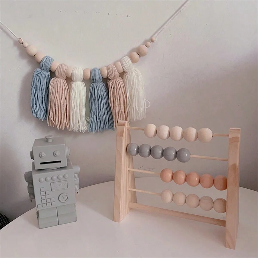 Boho Cotton Tassel Garland Wall Decoration with Wooden Beads Nursery Decor for Baby Room Tent Hanging Pendant Photo Props