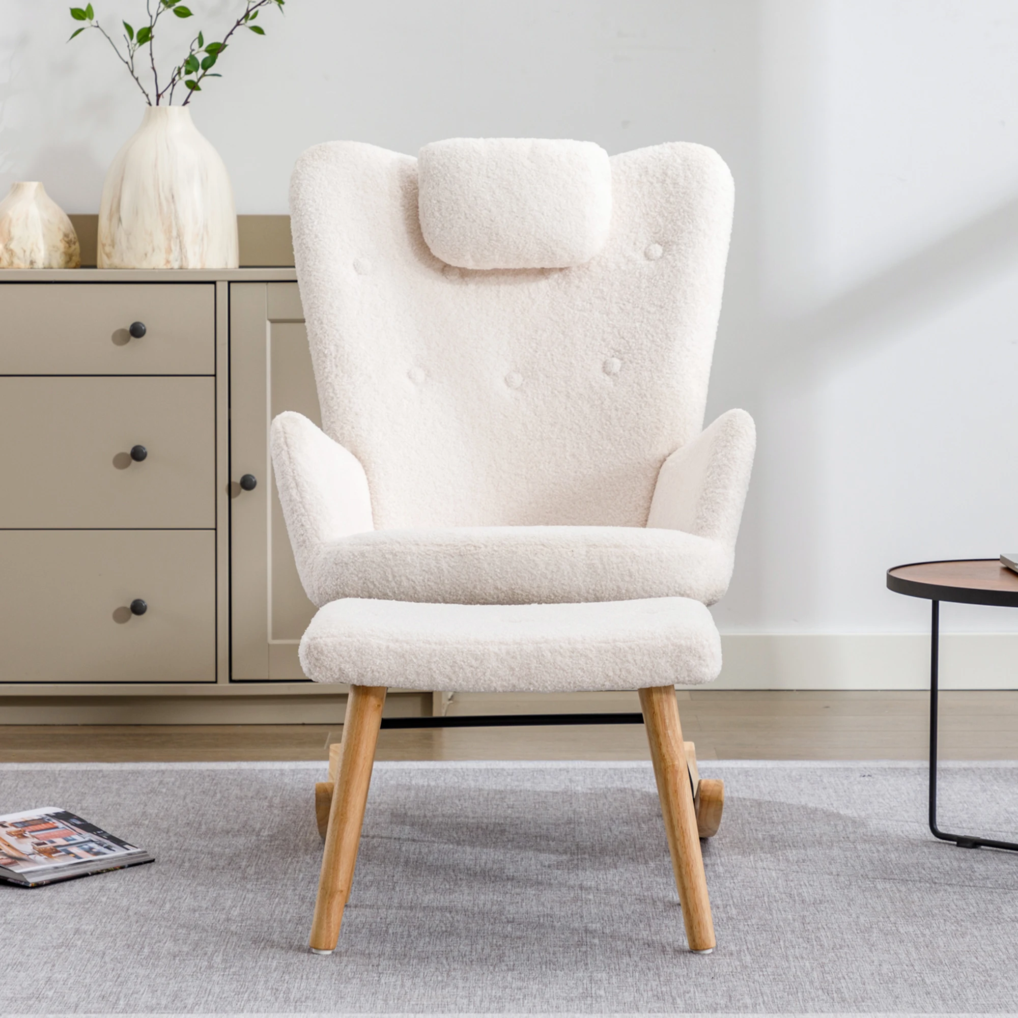Fauteuil à bascule avec repose-pieds et appui-tête, design ergonomique pour salon, tissu Boutlette blanc 65 × 82 × 94 cm