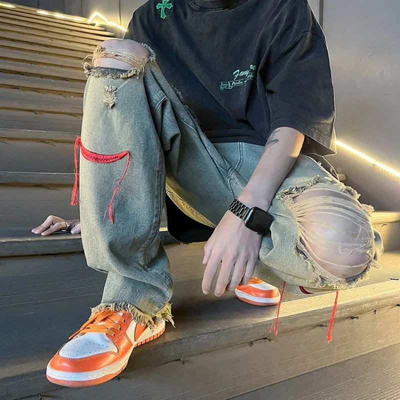 

Мужские ковбойские брюки с карманами, мягкие многослойные корейские брюки в стиле гранж Y2k, модные осенние трендовые джинсы 2025, джинсовые джинсы в стиле Kpop для мужчин