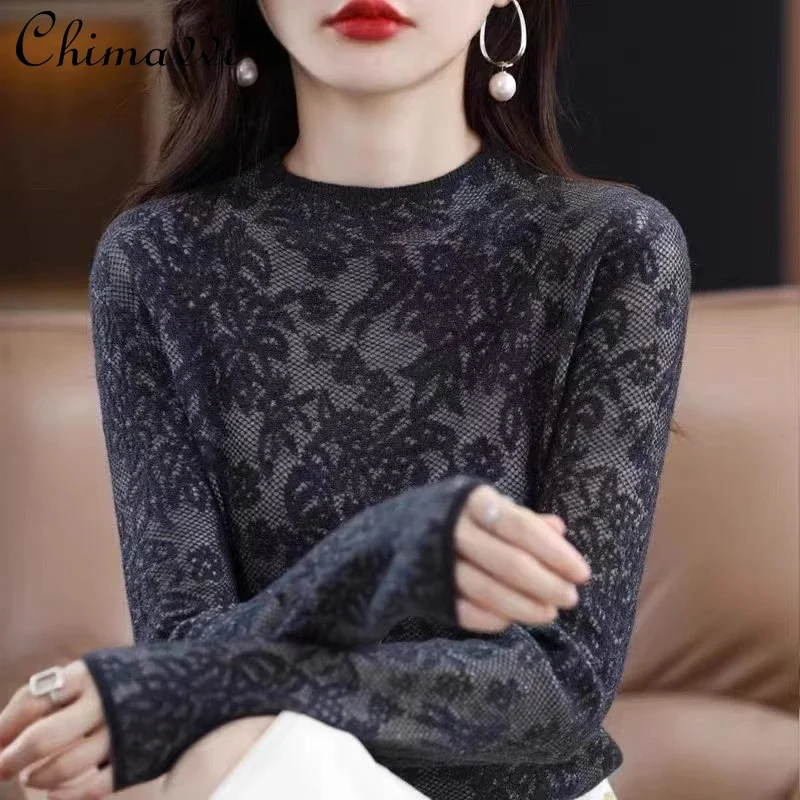 2024 European Autumn and Winter New Wool Sweater Lace Engraved Fashion Versatile Knitted Bottoming Shirt Long Sleeve For Women