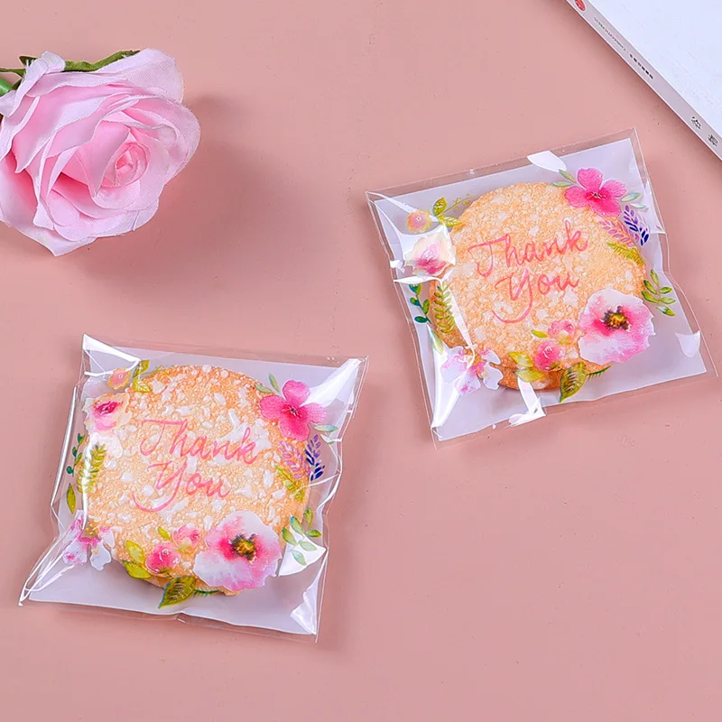 100pcs/lot Plastic Bags Thank you Flower Self-Adhesive Bags for Homemade Cookie Party Gifts Bag DIY Jewelry Packaging Bag