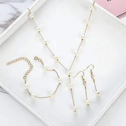 4Pcs/set Korean Edition Jewelry Sweet and Elegant Pearl Simple Temperament Necklace Earrings Bracelet Set Women's Fashion Jewelr