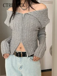 CTRLLOCK Chic Solid Color Slash Neck Off Shoulder Knitted Cardigan Slim Women Long Sleeve Zipper Open Stitch