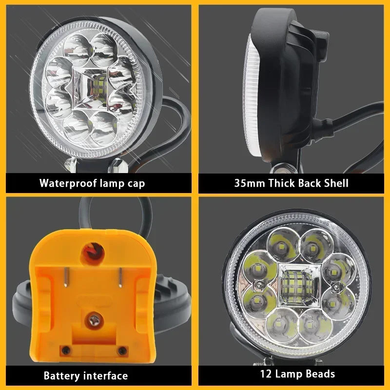 Luz LED de trabajo para coche, linterna eléctrica de 3 pulgadas, foco de Camping para DeWalt, batería de iones de litio de 12V, DCB120, DCB121, DCB123