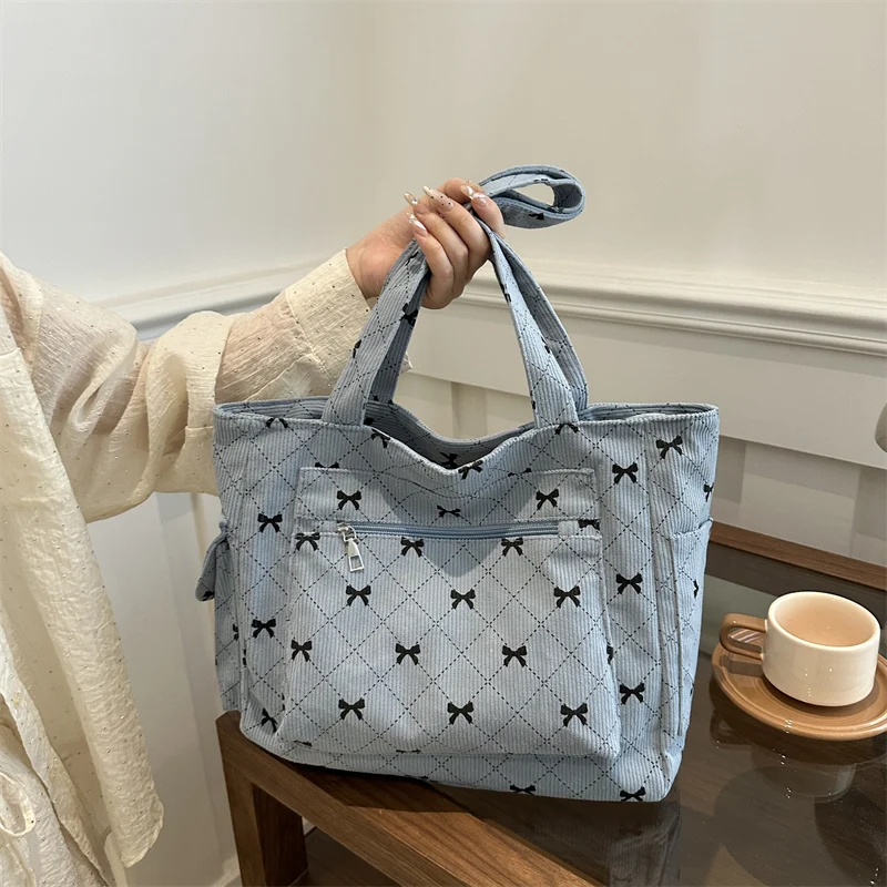 Women's Corduroy Tote Bag Bow Pattern Commuting Bags Large Capacity Stylish Underarm Bags Casual Shoulder Bags Weekender Handbag