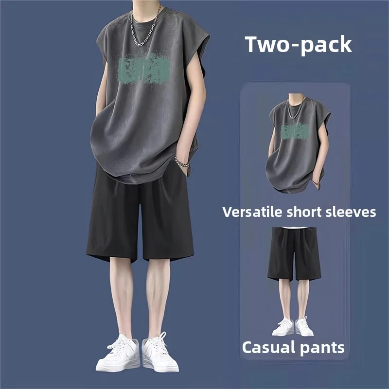 

Американский повседневный хлопковый жилет для мужчин, летний спортивный комплект для подростков, полный комплект с шортами, молодежные спортивные брюки