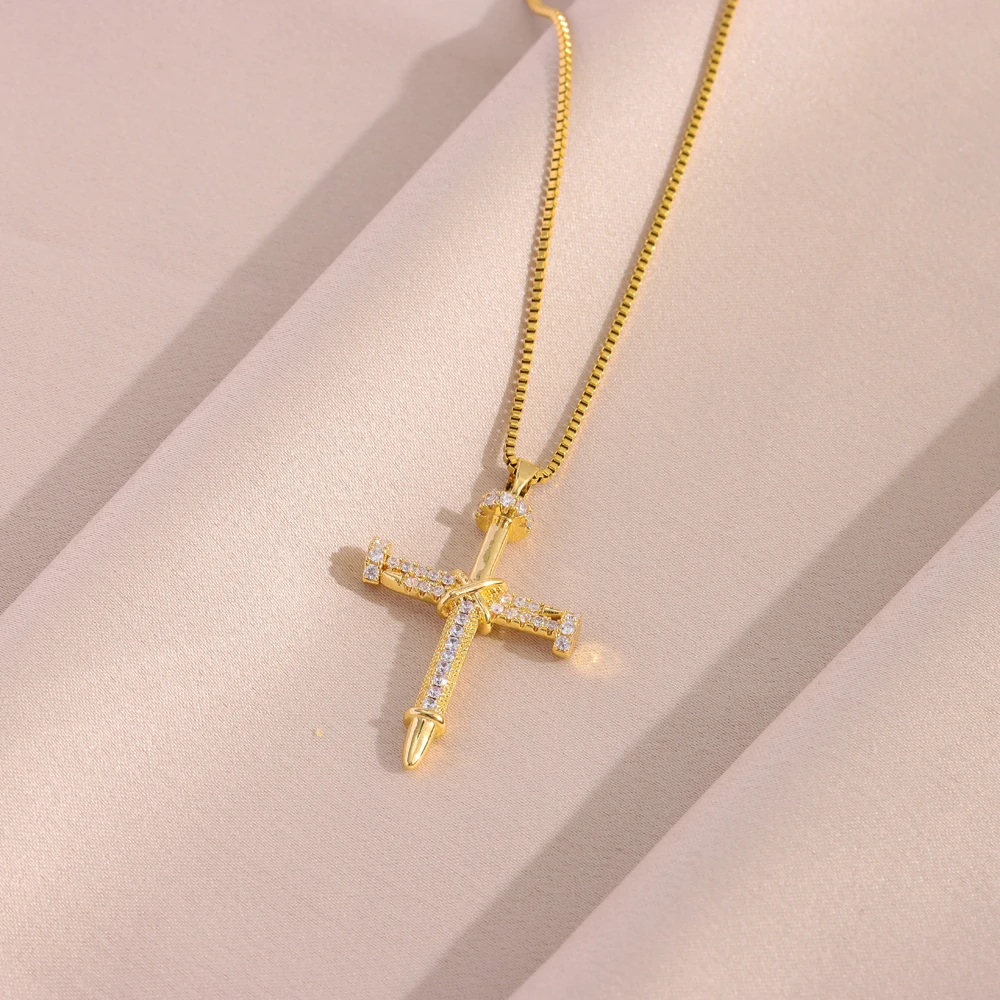 New Zircon Inlay Nail Cross Pendant Necklaces For Women Trendy Punk Style Female Stainless Steel Neck Chain Jewelry Wholesale