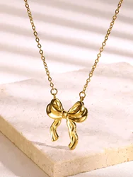 Stainless Steel Bow Ribbons Necklace For Women Gold Color Bowknot Pendant Necklaces Female Chain Jewelry Gift