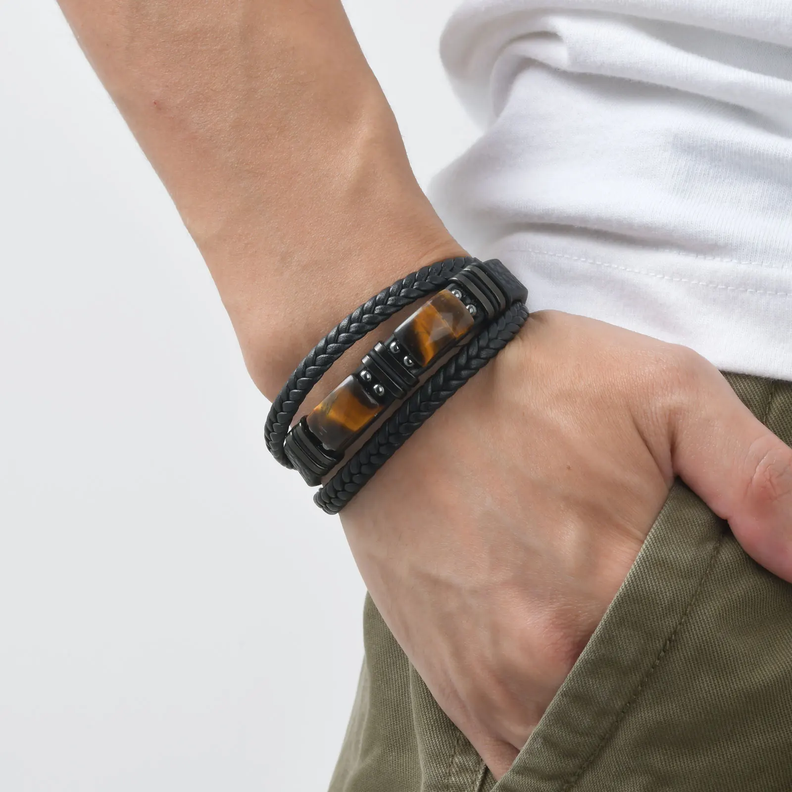 Vnox Mehrschichtiges Geflochtenes Lederarmband für Männer, Tigerauge Lapislazuli Perlen Magnetverschluss Armband Trendiger Männerschmuck Geschenk – Detail 4