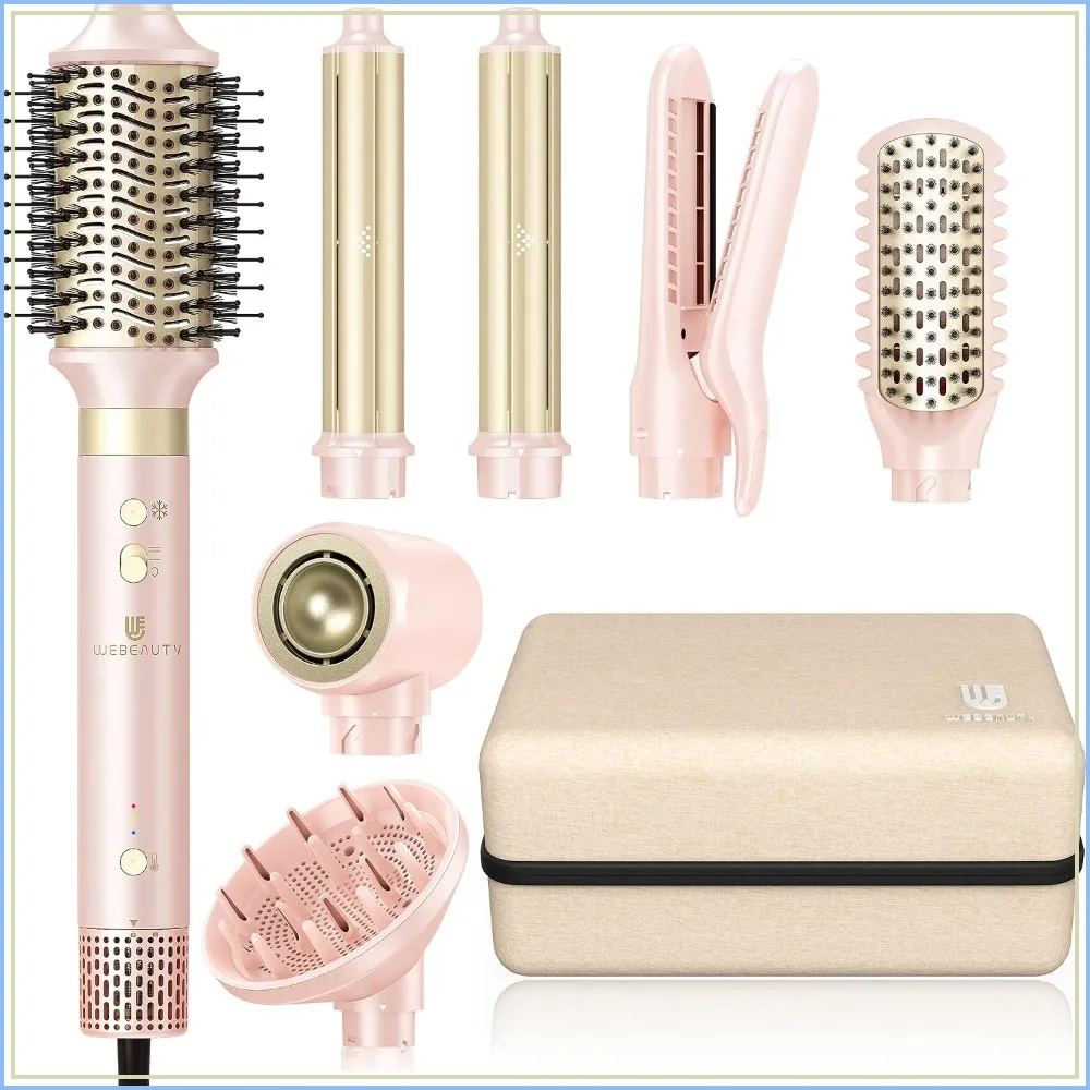 8-in-1 Hot Air Styler: Fast Drying 110K RPM Ionic Blow Dryer Brush, Dual Voltage, Frizz-Free Volumizer with Curler & Straightener Attachments, Protective Hard Case