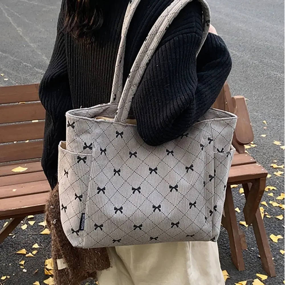

INS Corduroy Tote Bag Large Capacity Bow Pattern Women's Underarm Bag Multi-Pockets Zipper closure Travel Shoulder Bag