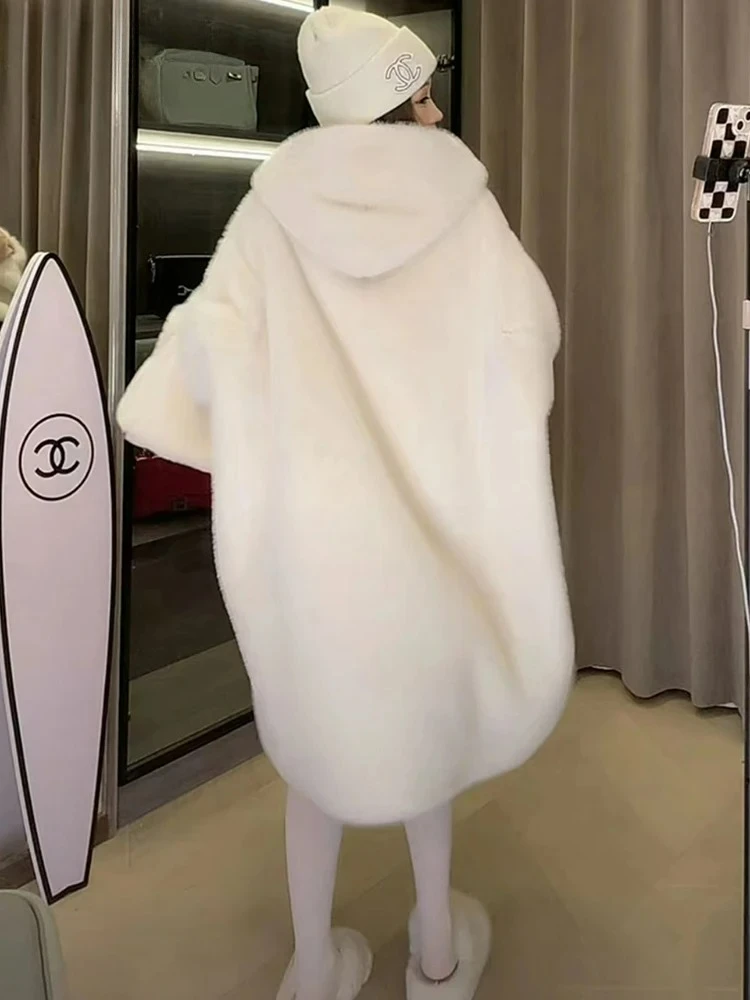 Fashion Winter High Quality Long Oversized White Thick Warm Coat Women with Hood Loose Casual Korean Long Faux Fur Coat