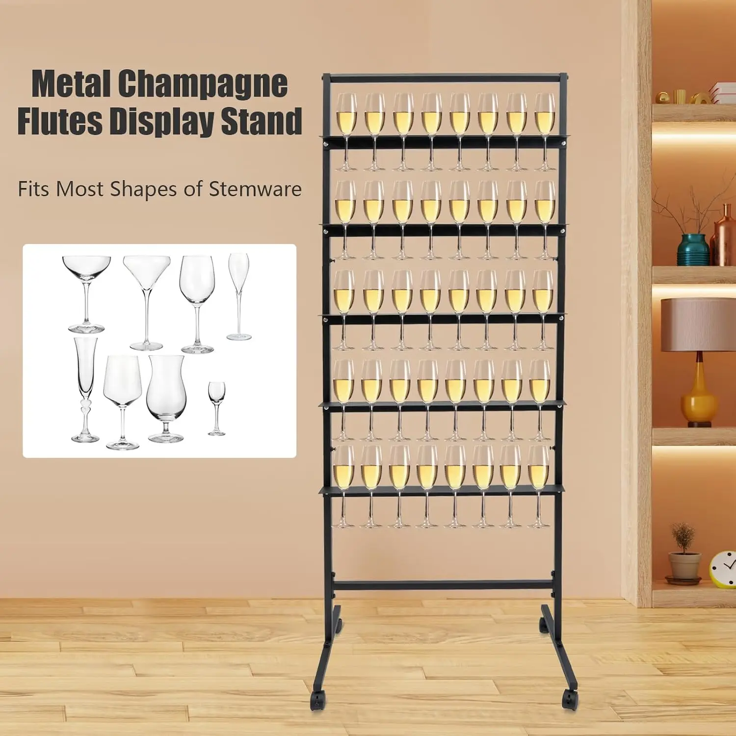 Champagne Wall Holder 5 Tier Flutes Display Stand Holds 40 Glasses Swivel Casters Stand Party Wedding Black