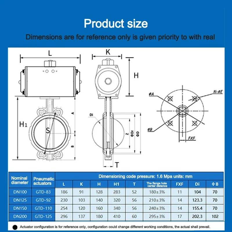 DN200 Wafer Automatic Liquid /Water /Oil  Pneumatic Butterfly Valve 304 Valve Plate Acid And Alkali  Resistance