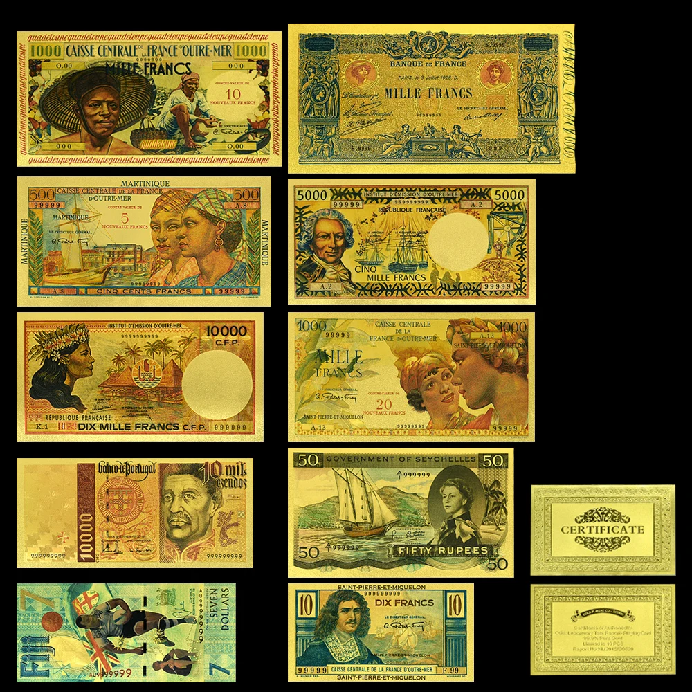 

Historical Collection Cultural Plastic Card Gold Foil Banknotes Dollar Rupees Reis Franc Business Gifts