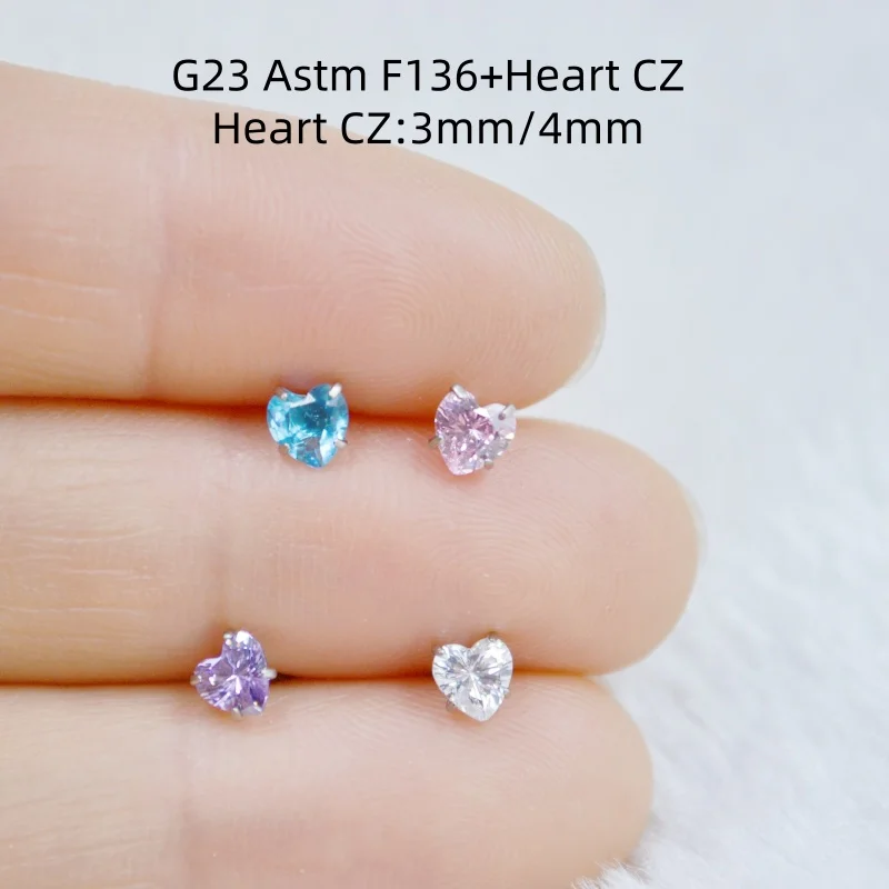 LOT50pcs G23 Titanium F136 Piercing Body Jewelry Heart CZ  Lip Labret Ring Studs Ear Helix Tragus Cartilage Bar