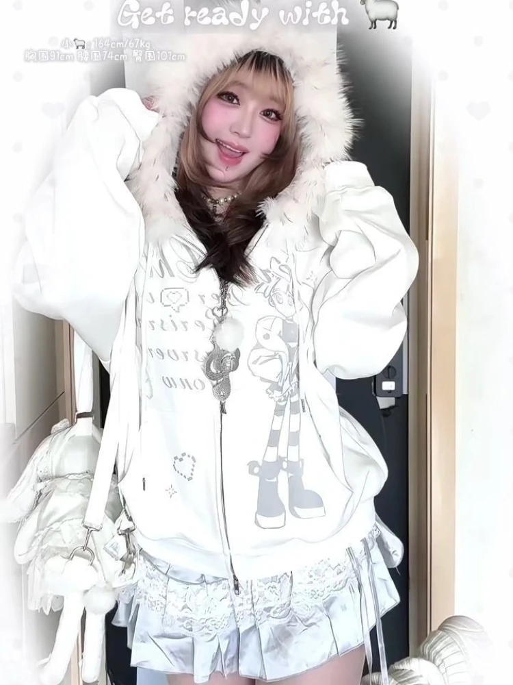 Y2K Japanese Kawai Faxu Fur Hoodies Subculture Streetwear Zipper Coat Cartoon Print Long Sleeve Retro Gothic Sweatshirts