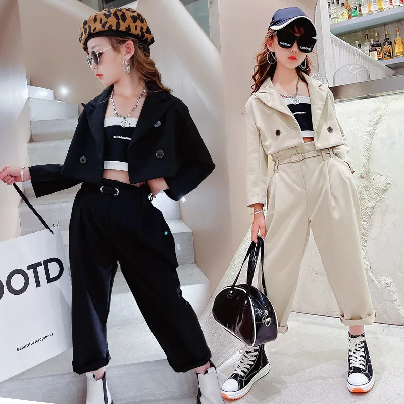 Girls Blazer Suits Clothing Sets Spring Autumn Kids Crop Jackets + Pants With Belt Fashion Solid Formal Teenage Casual Outfits