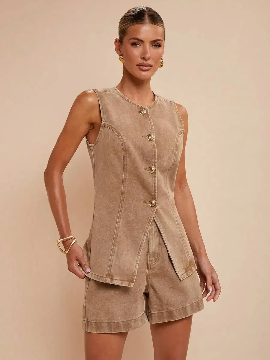 

Denim Two Piece Set Women Sleeveless Vest And Shorts Casual Outfit