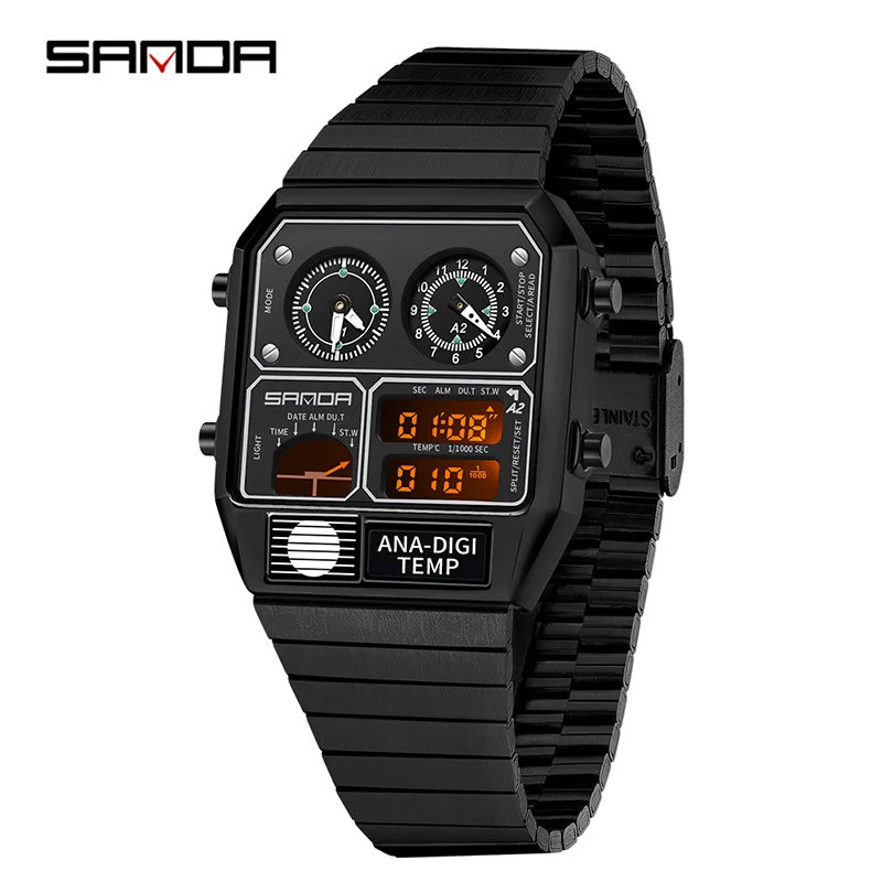 SANDA Square Steel Belt Watch Men's Temperature Measurement Stopwatch Timing Multi-Function Electronic Watch