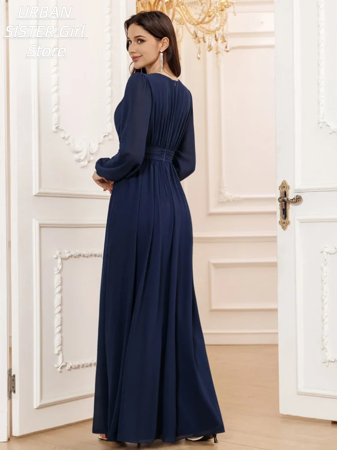 Navy Blue Round-Neck Chiffon Long Dress with Pleated Front, Lantern Sleeves, High-Waist, and Flowing Design, Suitable for Muslim Women, Eid Celebrations, Wedding Guests, and Conservative Evening Wear view 2