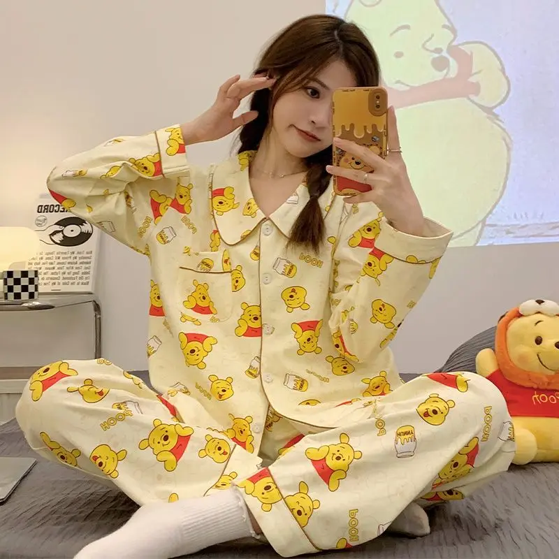 Disney Winnie The Pooh Bear Cute Pajamas Women Spring Autumn Long Sleeve Sleepwear Fashion Kawaii Loose Cartoon Home Clothes Y2k