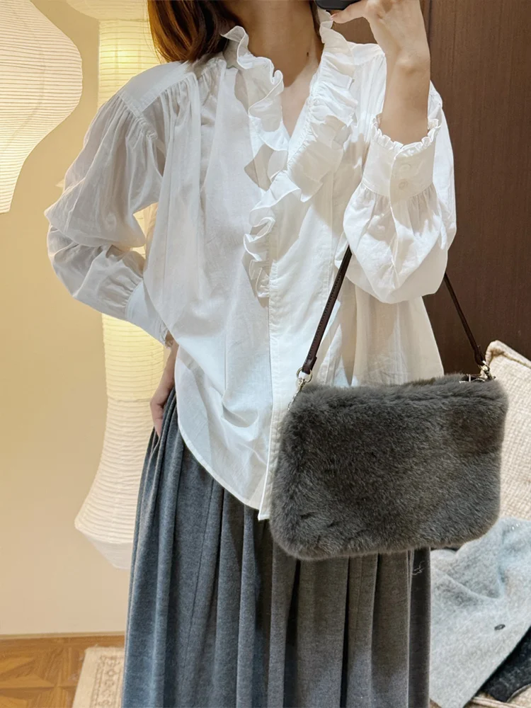 

Loose Fit Pure Cotton Stand Collar irt Women's Ele Sle Patchwork Wooden Trim White irt Casual Long Sve