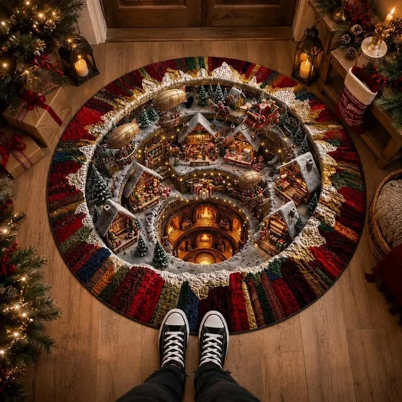 1PC Christmas Town 2D Illusion Circular Carpet, Santa Claus Christmas Underground Village Printed Carpet, Suitable for Living Room, Bedroom, Bedside, Christmas Room Decoration, Christmas Party Set, Festival Gifts