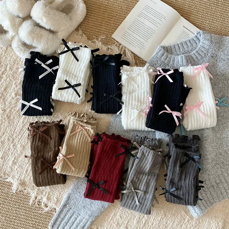 1Pair Sweet Girl Socks with Autumn and Winter Bows Stacked Socks Long Tube Full of Bows Ballet Style Knitted Calf Sleeves