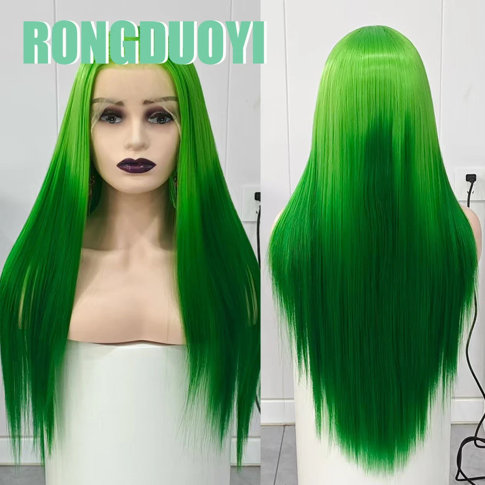 RONGDUOYI Ombre Green Straight Synthetic Hair Silk Straight Gradient Green Heat Friendly Lace Front Wig Cosplay Use Green Wigs