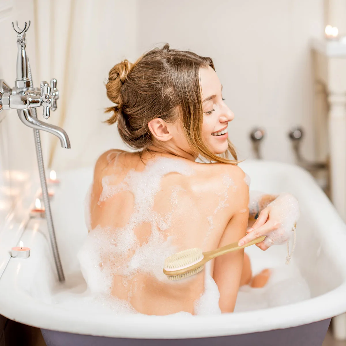 

Back and Body Massage Brush Wood Color Silicone Double-Sided Hard Bristle Bath Brush Deep Clean Shower Hanging Rope