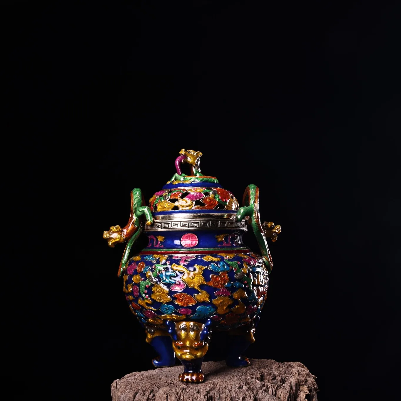 

10"Tibetan Temple Collection Old Bronze Cloisonne Enamel Dragon pattern ear Three-legged Incense burner Ornaments Town House