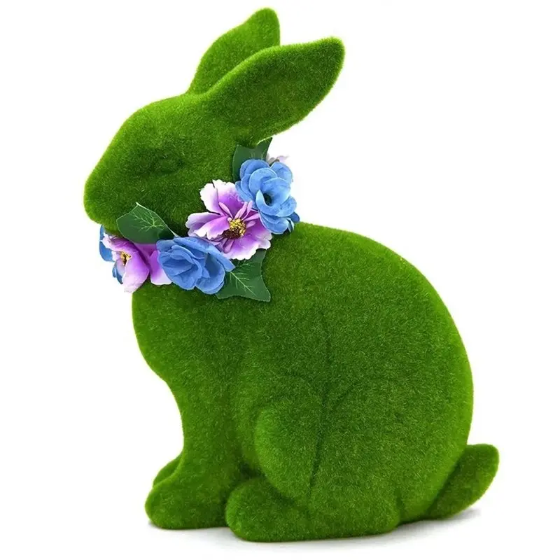 

ABBY-Easter Bunny Outdoor Statue 3D Green Resin Holiday Supplies Wearing Floral Wreath For Yard Garden Lawn Porch Door