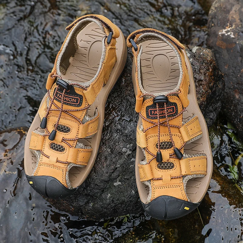 Sandales d'été classiques en cuir pour homme, chaussures d'extérieur souples et confortables, pantoufles de plage, grande taille 38-48