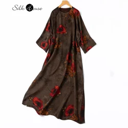 Artistic Chinese Style Oil Rose Print Breathable 100% Natural Mulberry Silk Fragrant Cloud Yarn Oblique Breasted Cheongsam Dress