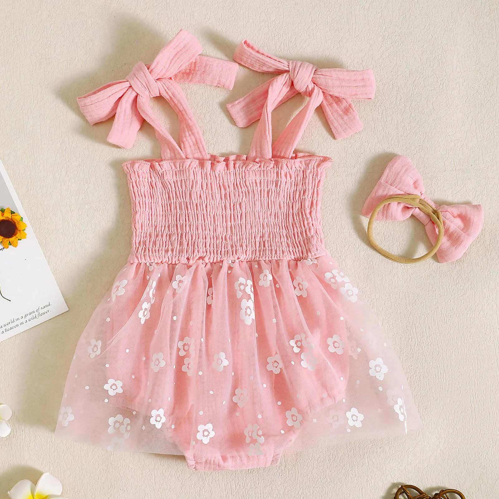 （0-12M）Summer Girls Pure Color Suspenders Mesh Romper Jumpsuit Clothes With Bow Headdress Two Piece Set Cute Baby Girl Clothes