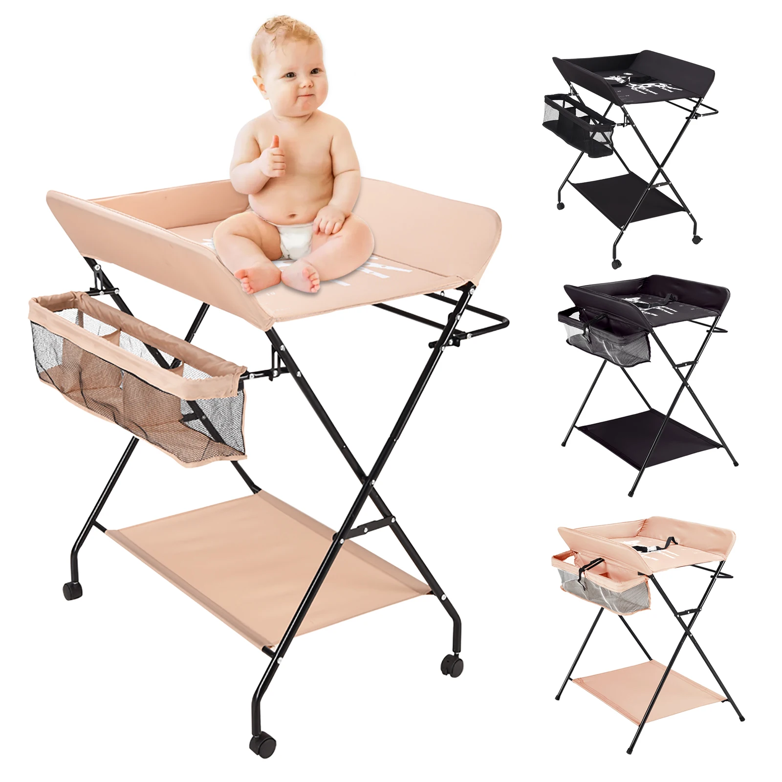 Baby Changing Table Safety Infant Diaper Table Foldable Multi-function Care Station Organizer Storage Baby Care Desk With Wheel