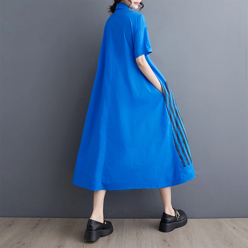 Painted Fashion Loose Fit New Woman Black Blue Printed Striped Shirt Dress Japanese Style Casual Unique Large Dress Robe