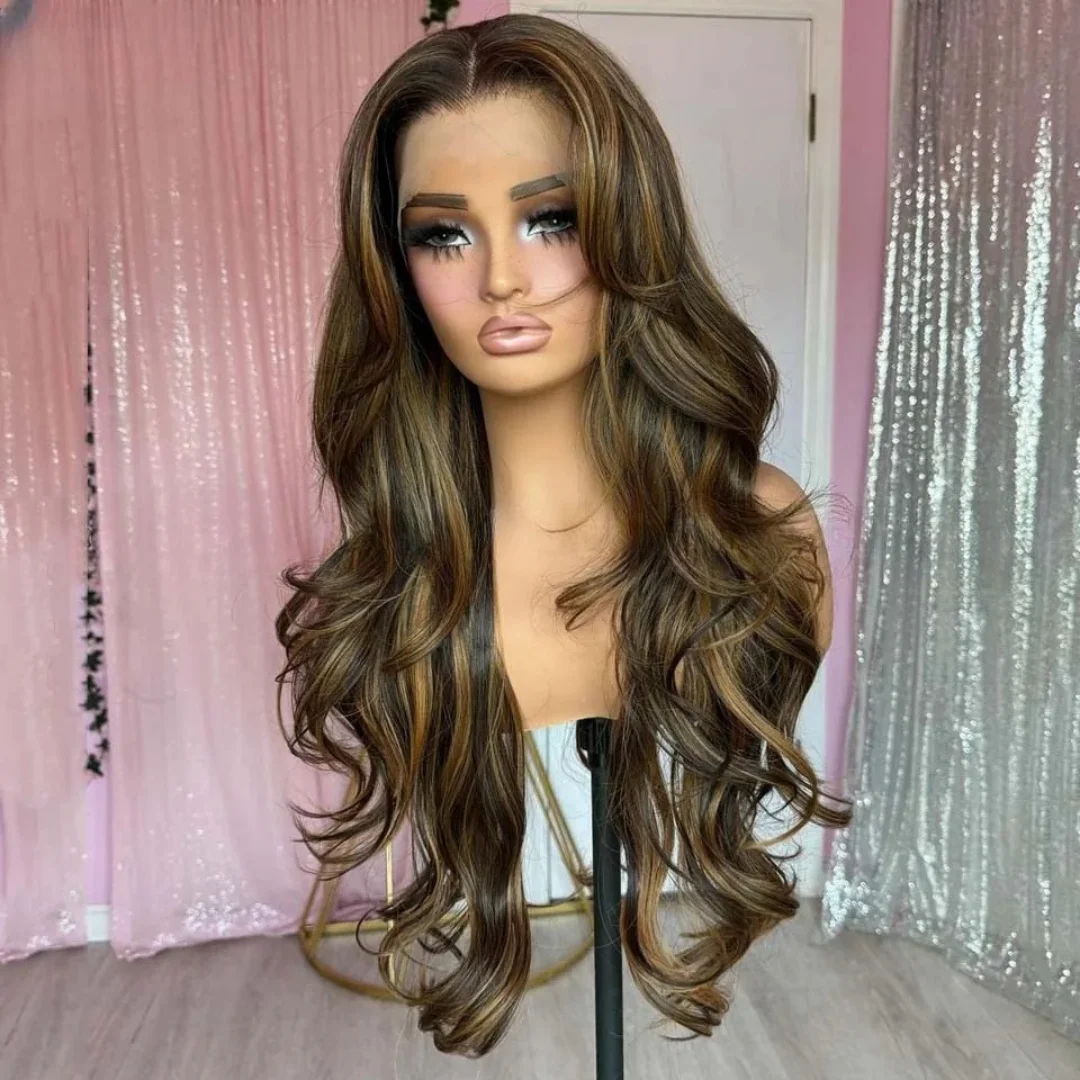 180Density Glueless  26“Long Blonde Highlight Soft Body Wave Lace Front Wig For Women Heat Resistant Synthetic Preplucked Daily