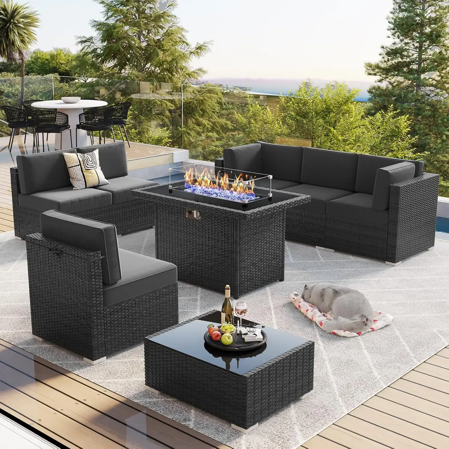 

LayinSun 8 Piece Patio Furniture Set with 44" Propane Gas Fire Pit Table, Outdoor Sectional Conversation Set Wicker Rattan Sofa