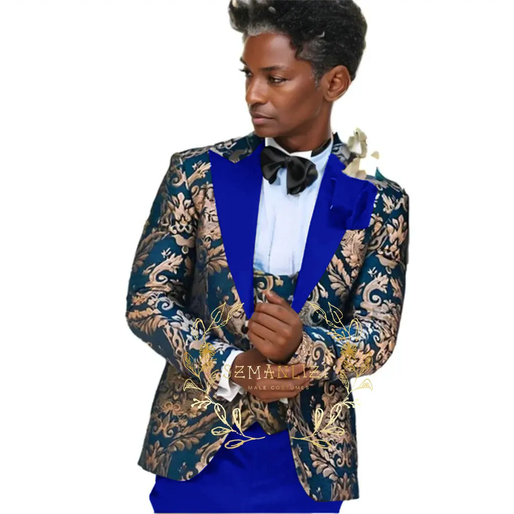 Handsome Suits For Men Navy Blue Gold Floral Costume Homme Mariage 3 Pieces Men Suit Set Tailor Made Formal Tuxedo For Men
