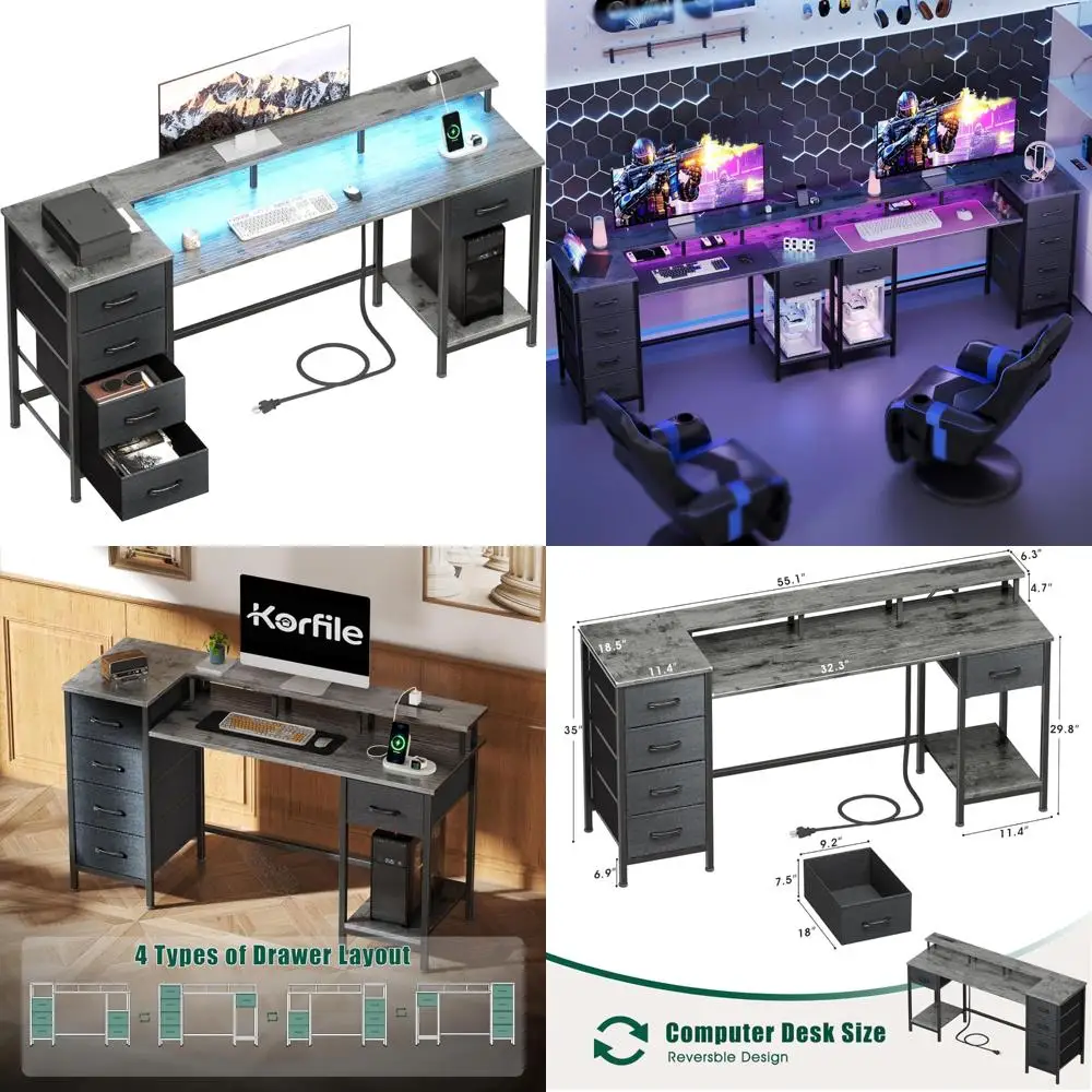 

Adjustable 55 Inch Gaming Desk with LED Lighting and Power Outlets, Reversible for Home Office Use with Fabric Storage Drawers