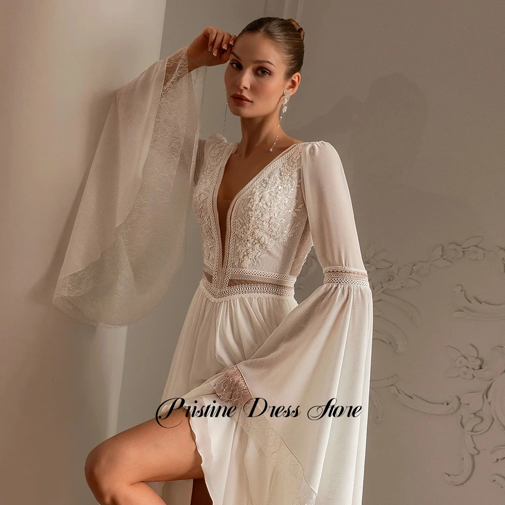Stunning Flare Sleeves Chiffon Bohemia Wedding Dress with Side Slit Sweep Train Deep V-neck Appliques Lace Sequined Bridal Gowns
