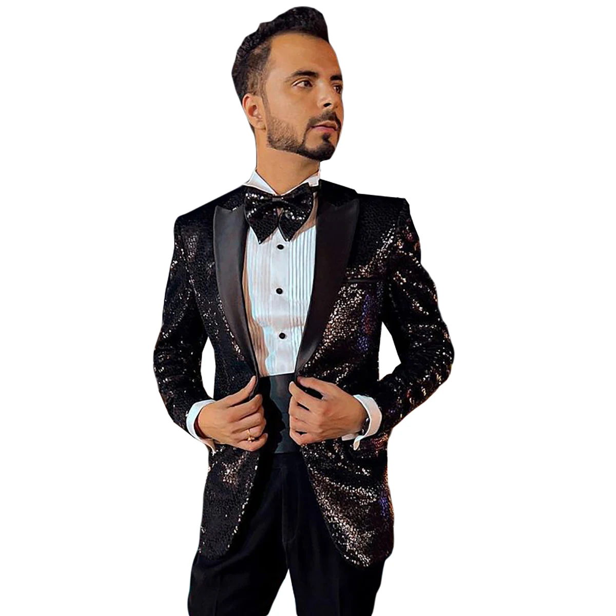 Smokings de mariage à paillettes noires pour hommes, veste à revers en satin pour hommes, bel homme, fête de Rh, tenue formelle, un blazer