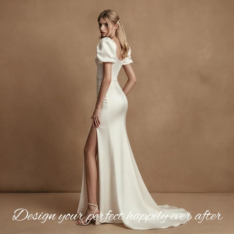 Bridal Gown 2026 Satin Mermaid Square Neck Draped Detail Puff Sleeve Vestidos De Novia Customized