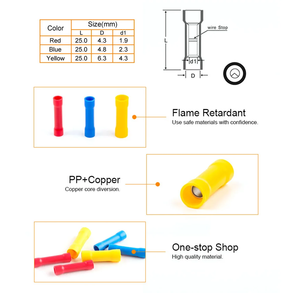 50PCS 절연 단자 버트 커넥터 크림프 스트레이트 퀵 콜드 프레스 전기 와이어 케이블 커넥터 빨간색/파란색/노란색