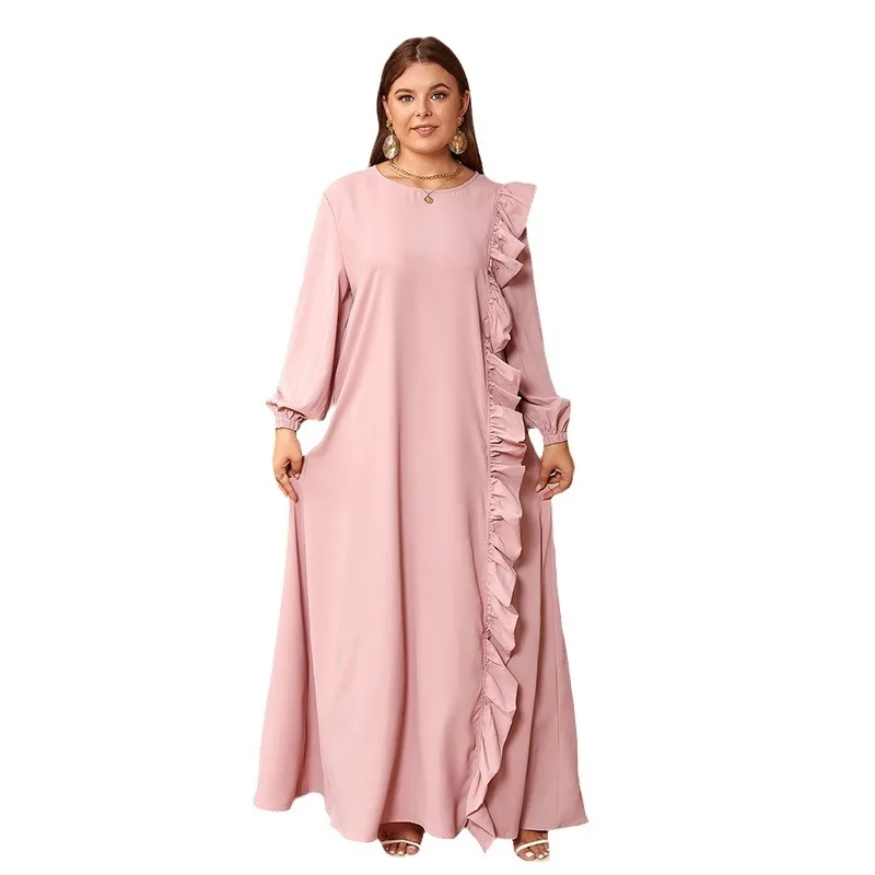 Abaya Dubai Plus-size Round Neck Long Sleeve Ruffle Hem Loose Abaya Dress for Women Cardigan Muslim Ramadan Eid Kimono