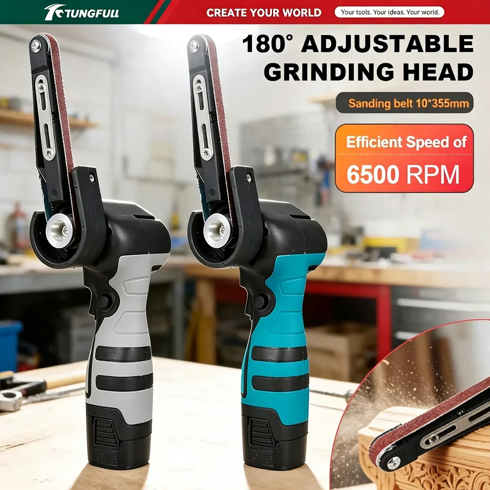 Cordless Belt Sander 180° Adjustable Grinding Head 6500RPM Portable Polishing Machine 10*355mm Sanding Belt For Wood Metal